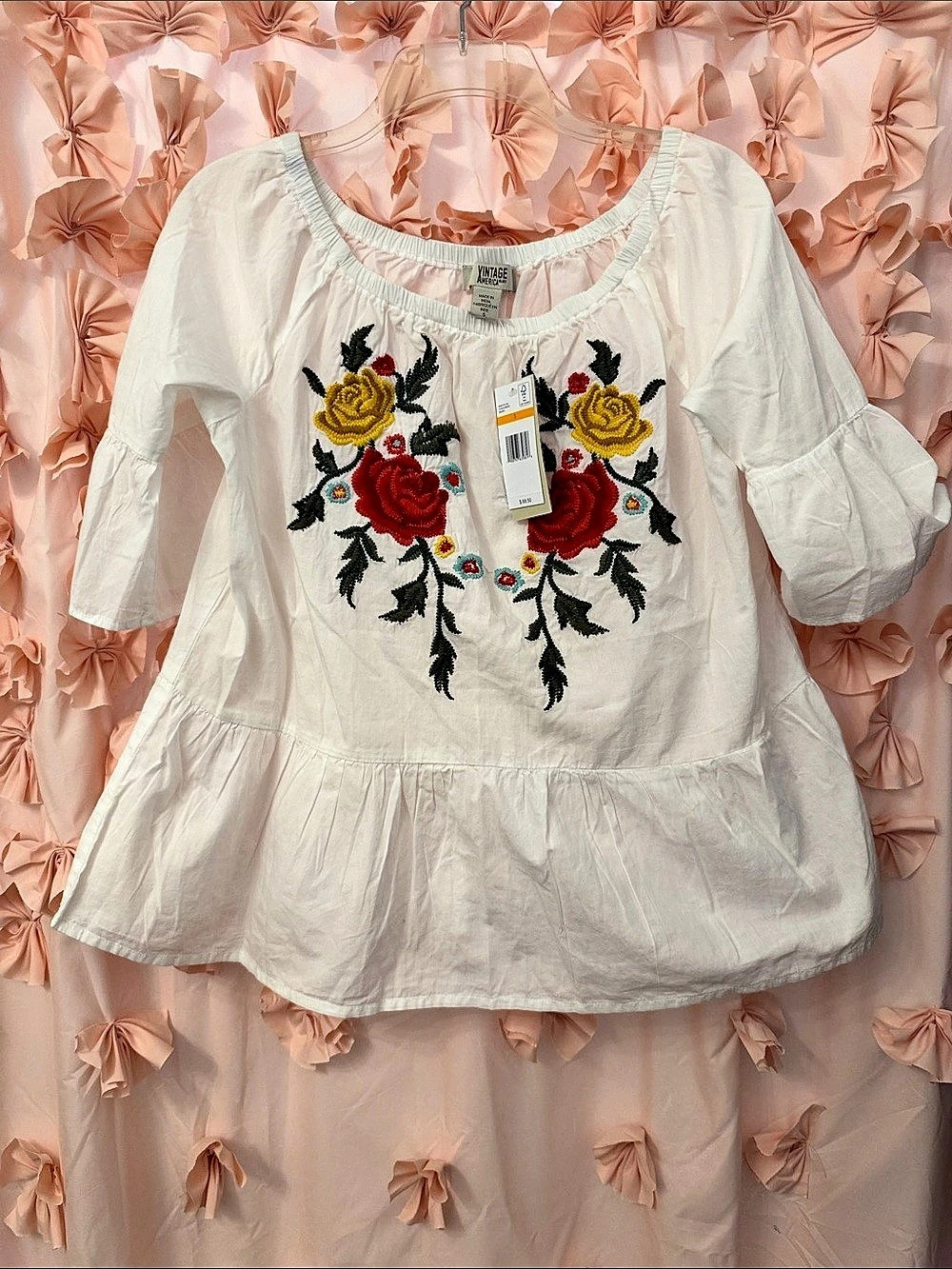 Vintage America Blues Maddie Embroidered Top Floral Blouse White Small